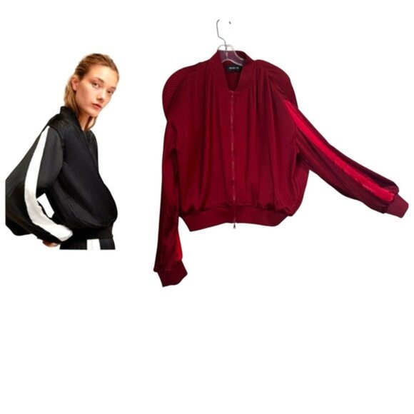 Aritzia Golden TNA NEW Bailer Pleated Oversize Balloon Track Bomber Jacket Satin - Picture 2 of 16